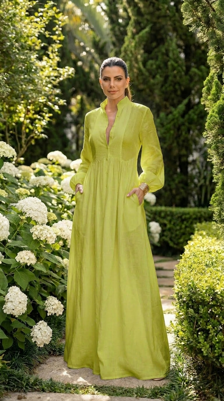 Blanca - Vestido maxi de algodón y lino con patchwork