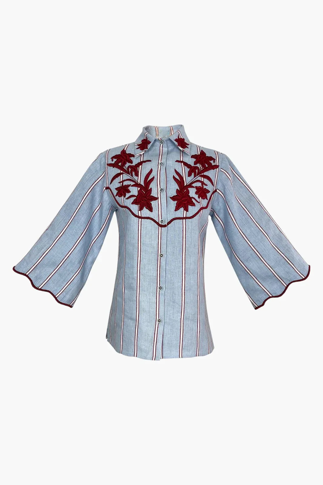 Blue Striped Floral Shirt With Tie Belt