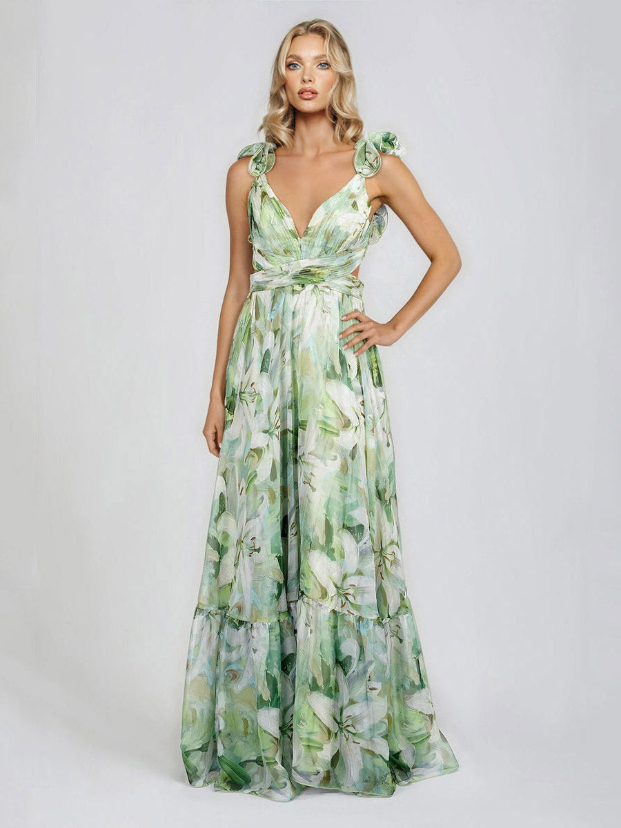 Elegant Lily Print Tiered Ruffle-Shoulder Maxi Dress