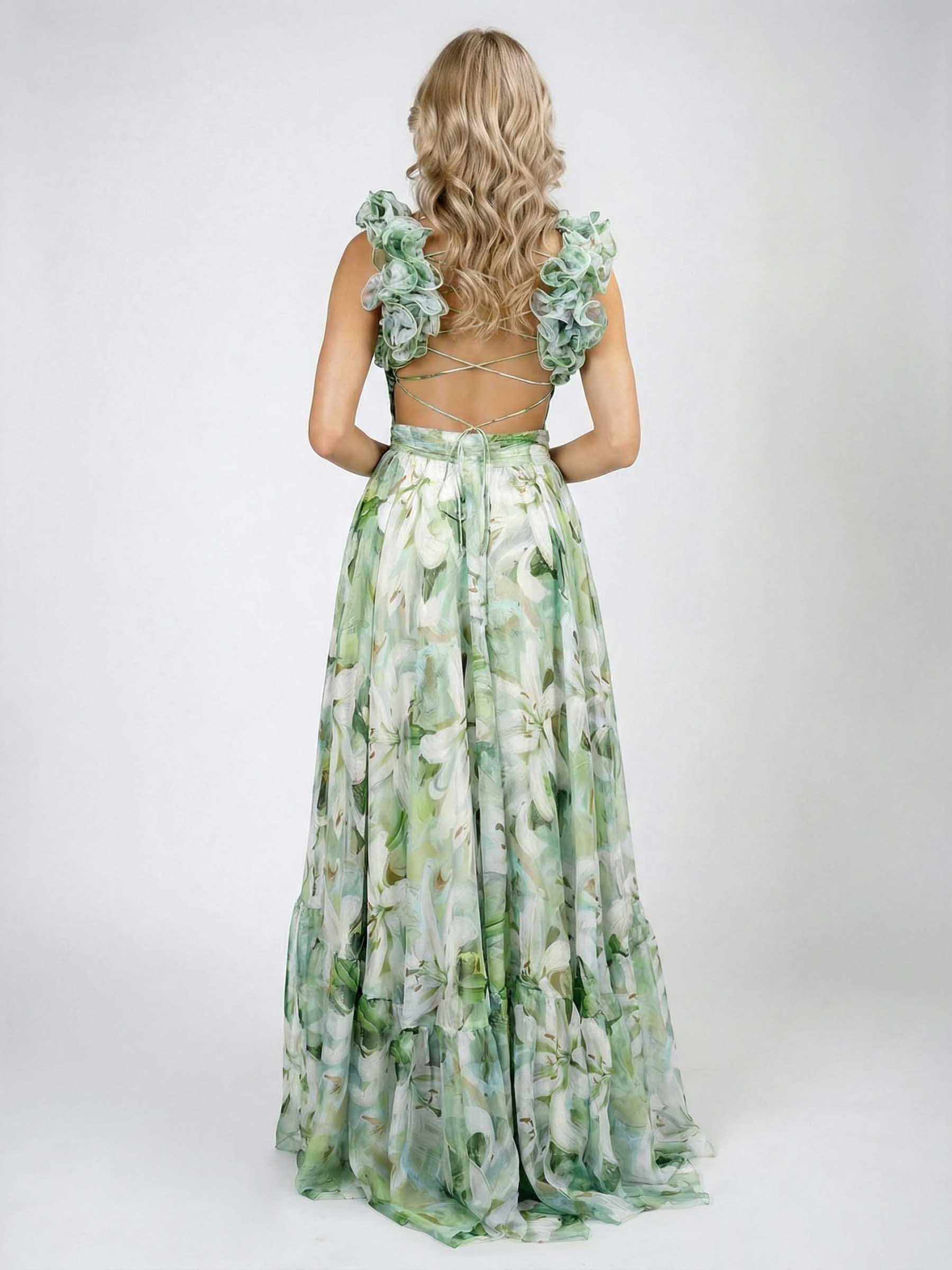 Elegant Lily Print Tiered Ruffle-Shoulder Maxi Dress