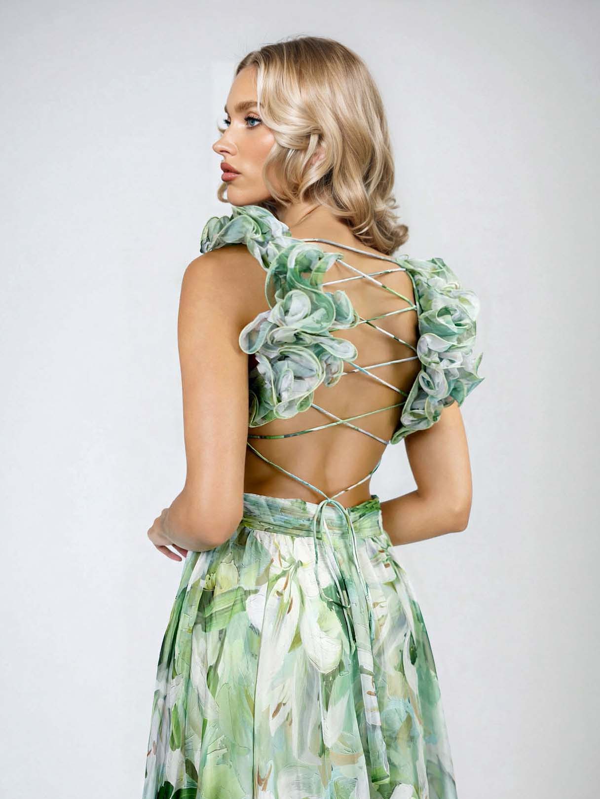 Elegant Lily Print Tiered Ruffle-Shoulder Maxi Dress