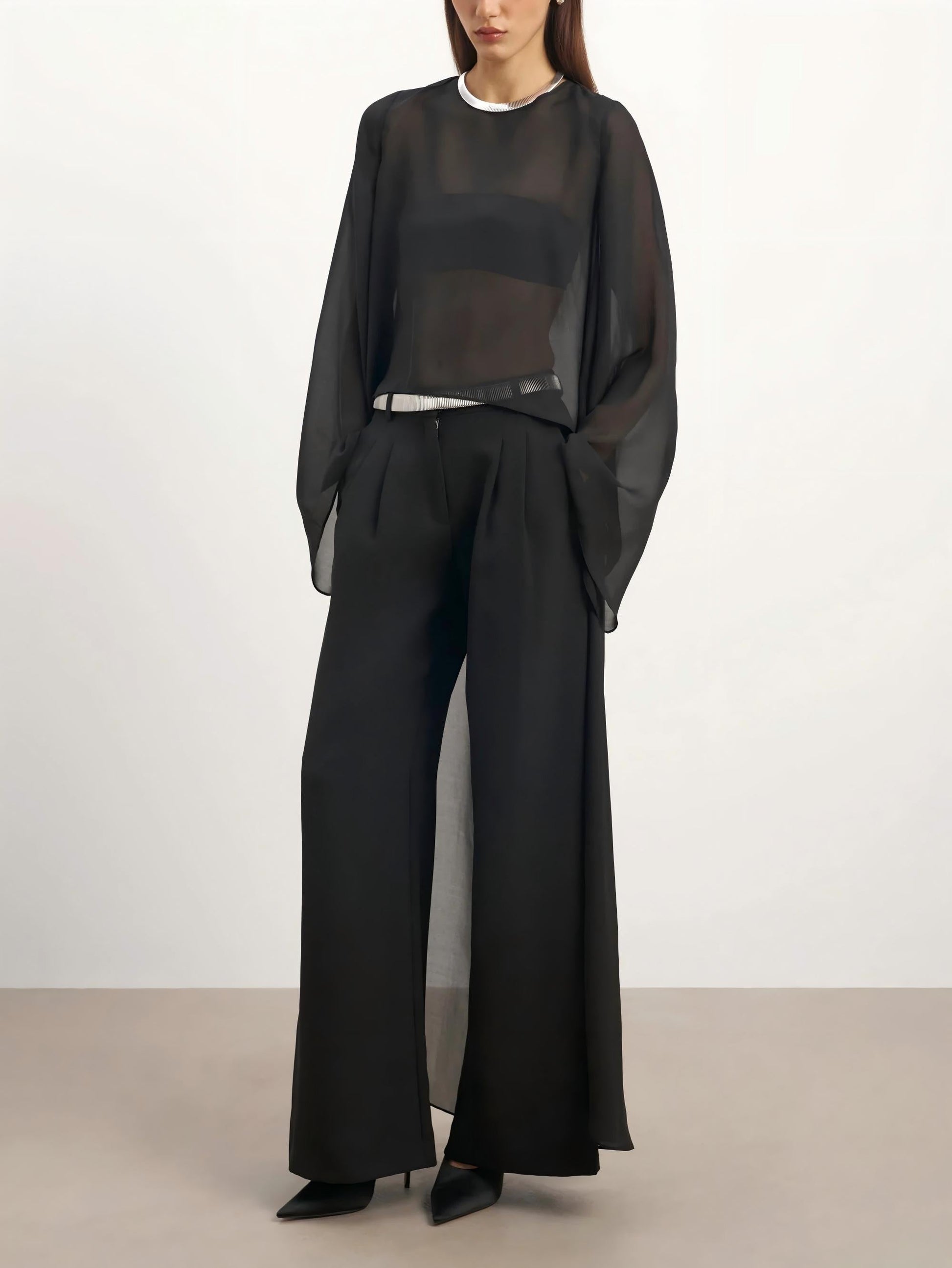 Sheer Chiffon Cape Blouse & Curved Silhouette Jeans