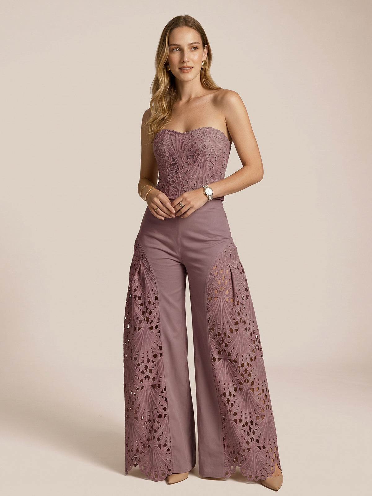 Strapless Eyelet Top & Wide Leg Pants Set