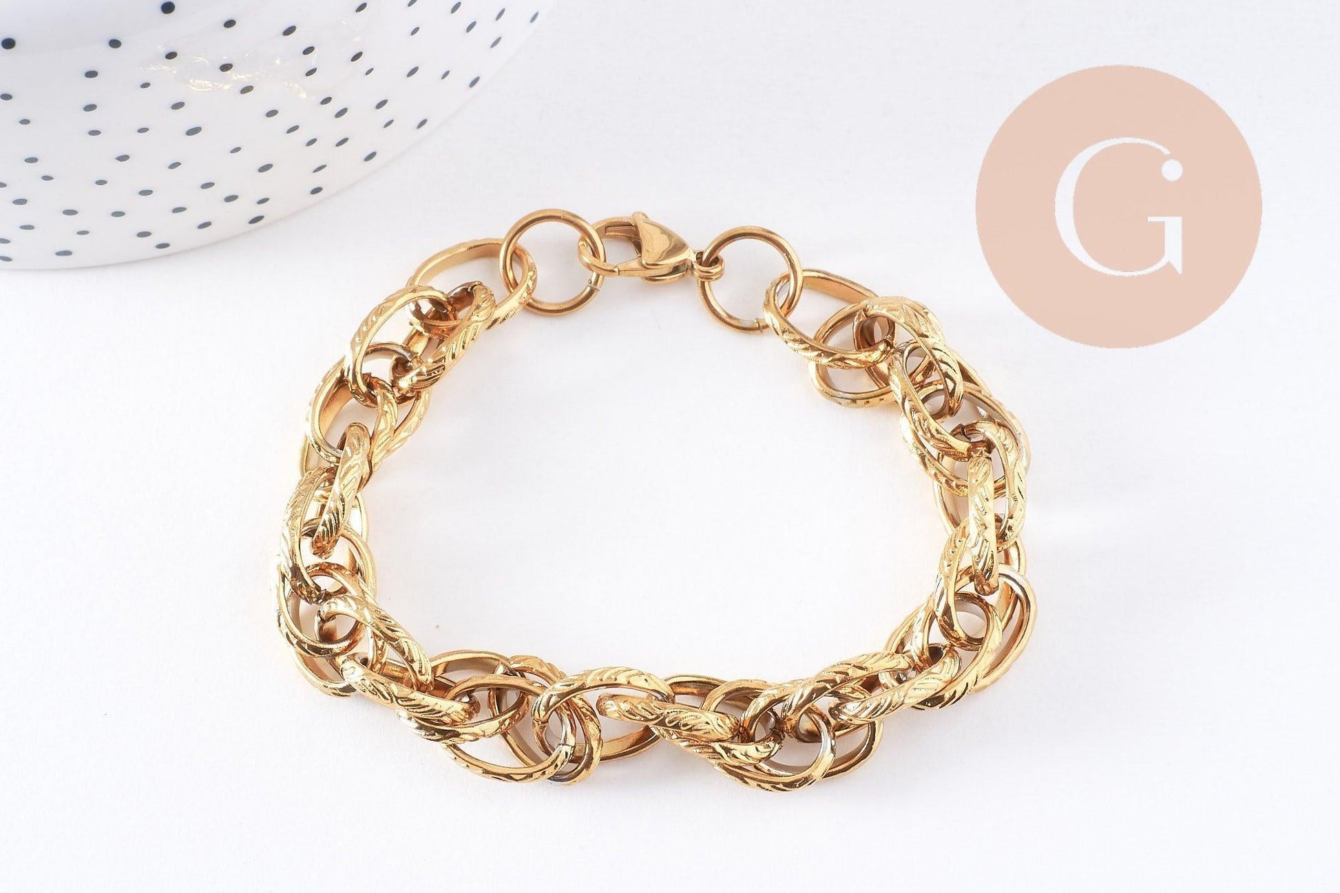 Bracelet très grosse maille acier 304 inoxydable doré IP 14k 20.5cm, x1 (G4197)