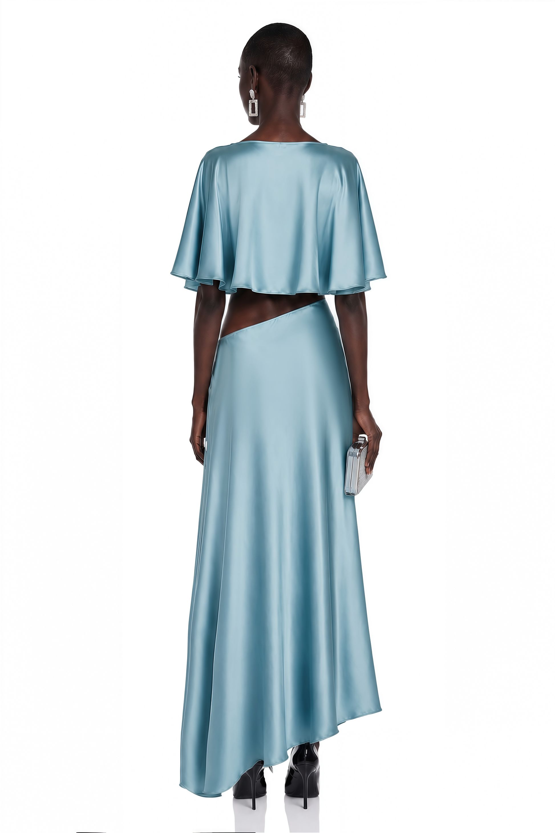 Fiona Steel Blue Satin Cape & Asymmetrical Skirt Set