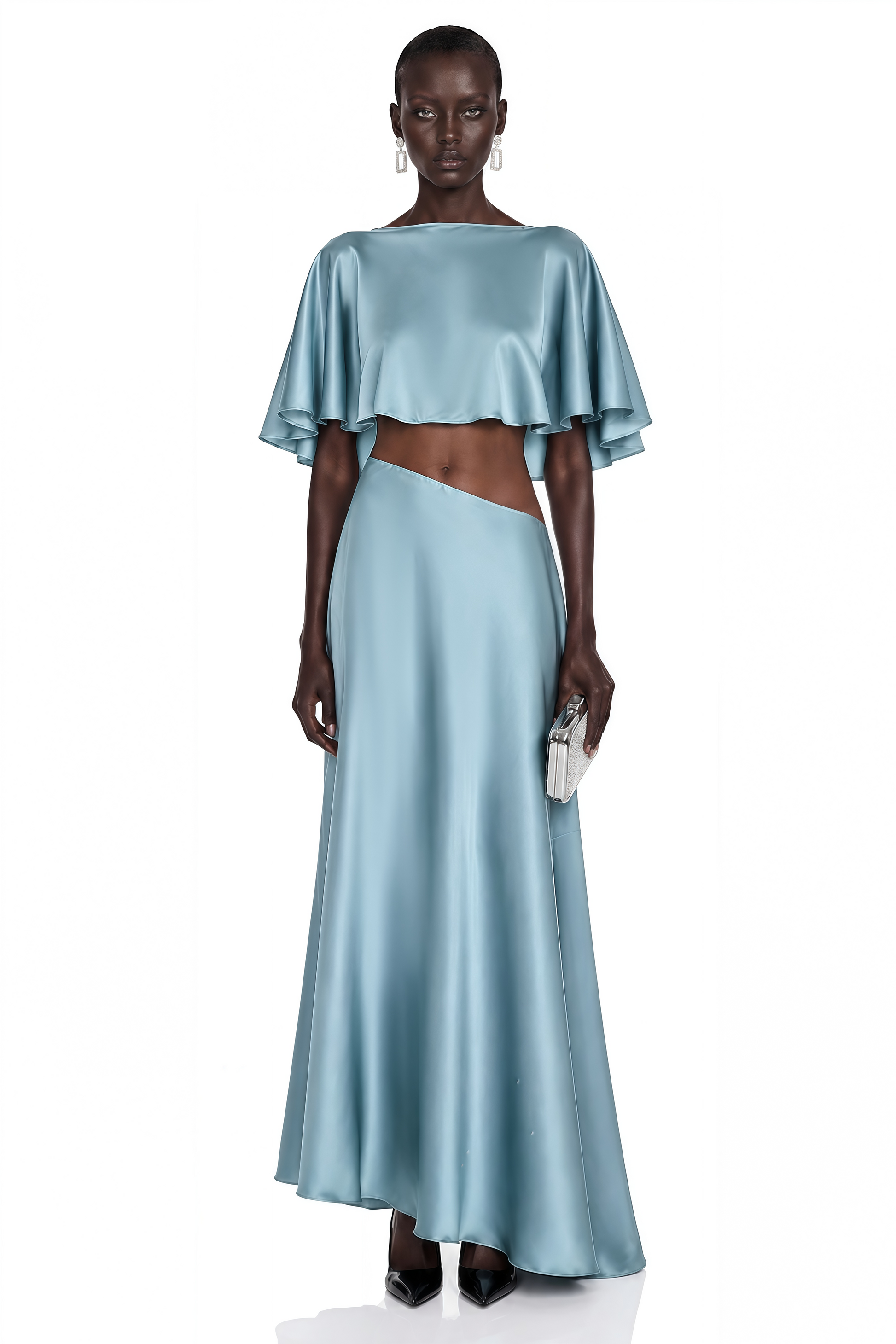 Fiona Steel Blue Satin Cape & Asymmetrical Skirt Set