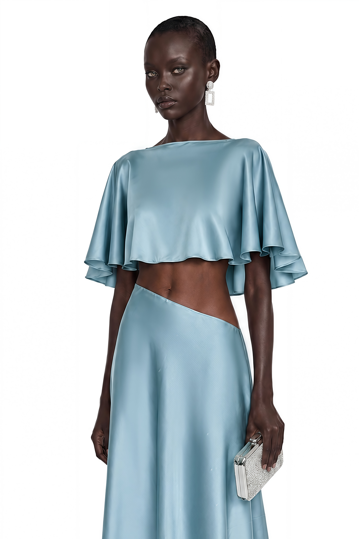 Fiona Steel Blue Satin Cape & Asymmetrical Skirt Set