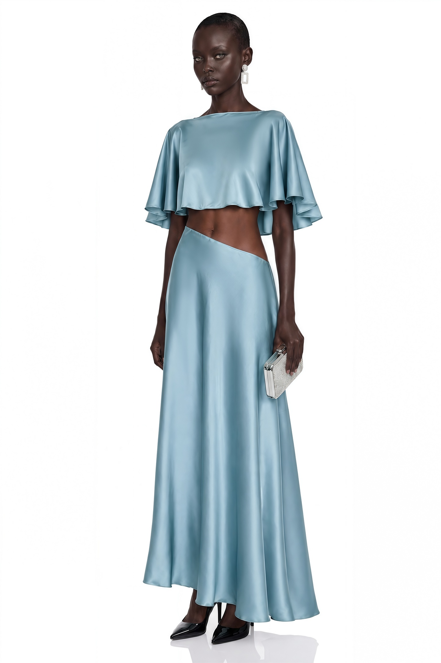 Fiona Steel Blue Satin Cape & Asymmetrical Skirt Set
