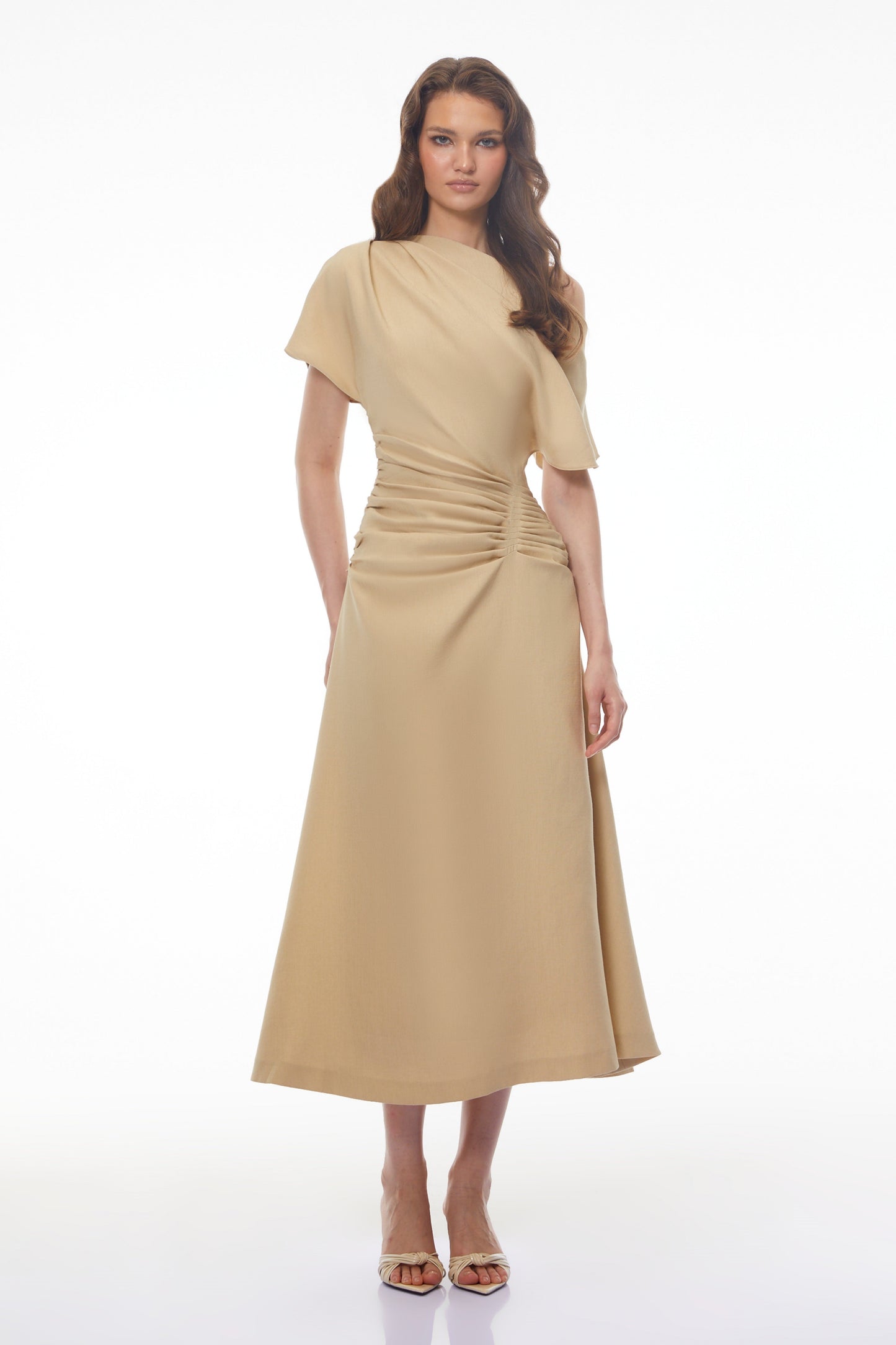 Larissa Khaki Asymmetrical Ruched Maxi Dress