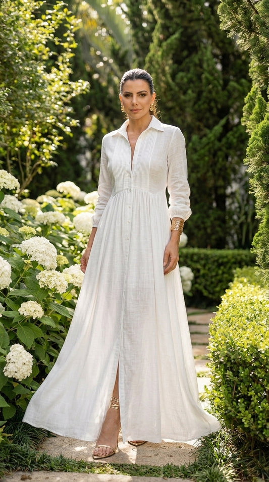Blanca - Vestido maxi de algodón y lino con patchwork