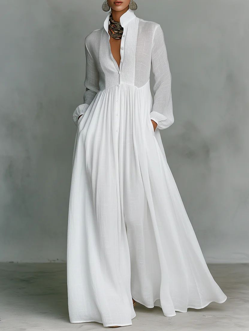Blanca - Vestido maxi de algodón y lino con patchwork