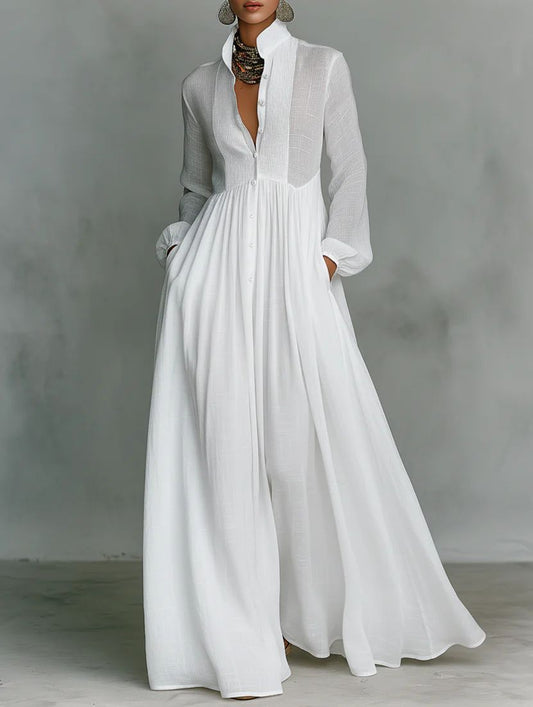 Blanca - Vestido maxi de algodón y lino con patchwork
