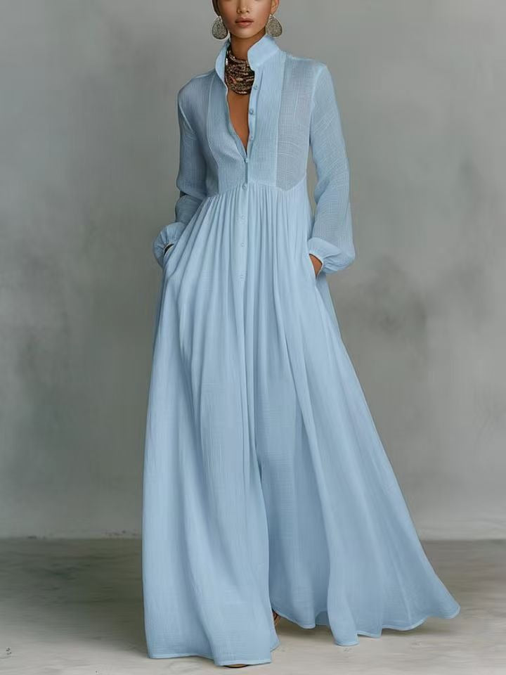 Blanca - Vestido maxi de algodón y lino con patchwork