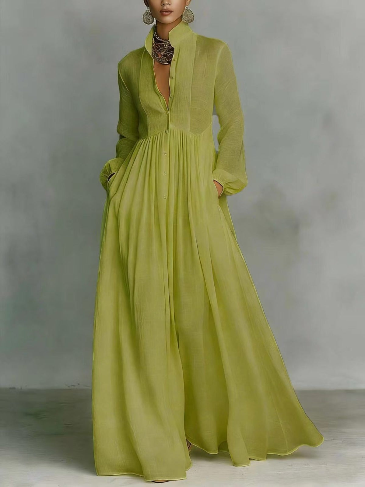 Blanca - Vestido maxi de algodón y lino con patchwork