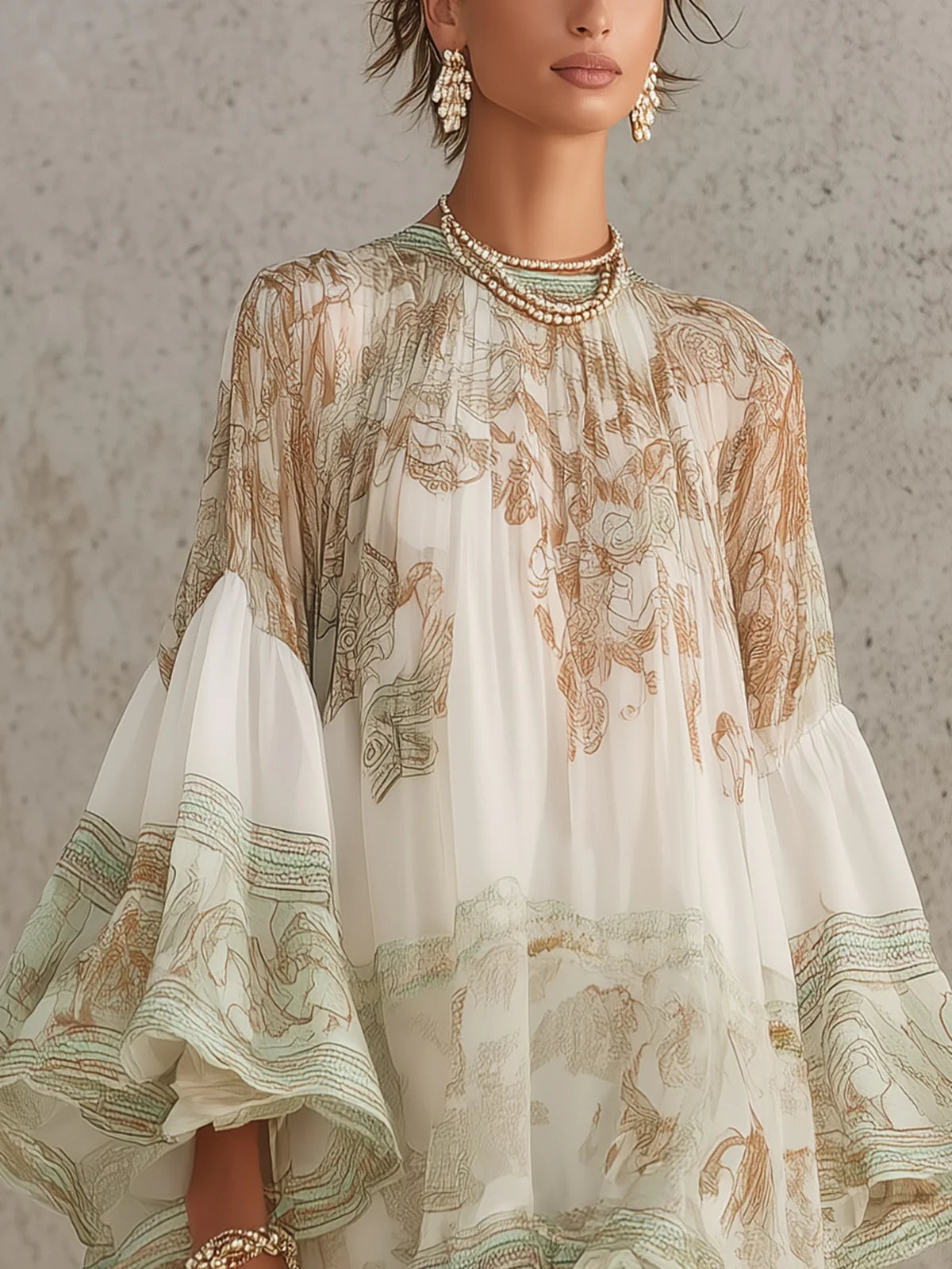 Ermellina | Mini abito in chiffon avorio con stampa barocca e volant a cascata
