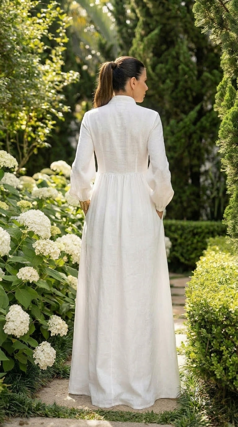 Blanca - Vestido maxi de algodón y lino con patchwork