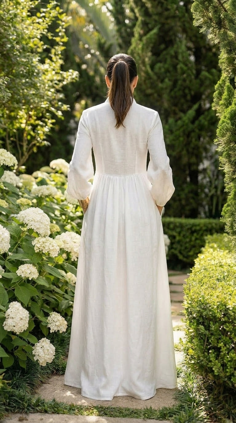 Blanca - Vestido maxi de algodón y lino con patchwork