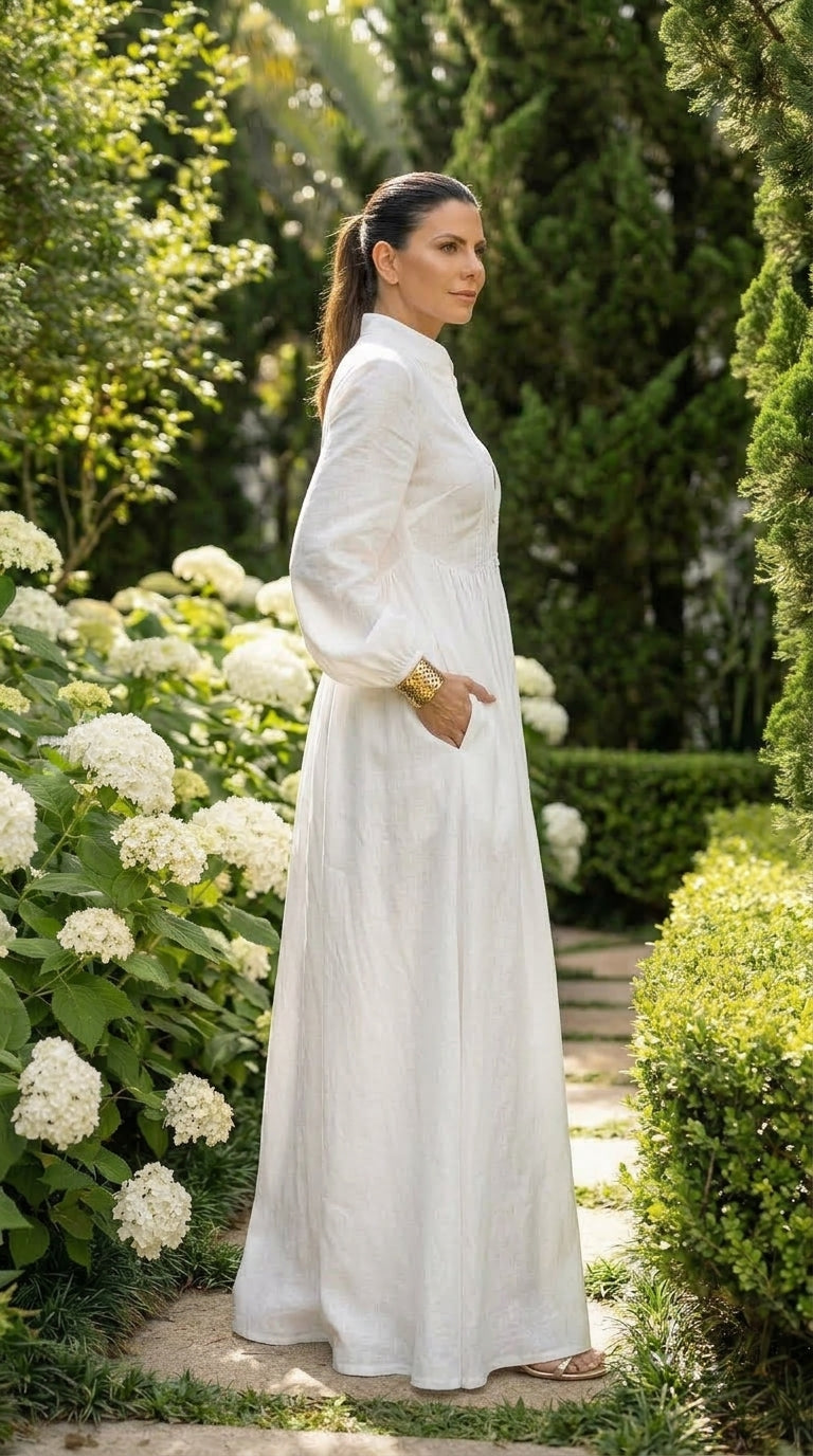 Blanca - Vestido maxi de algodón y lino con patchwork