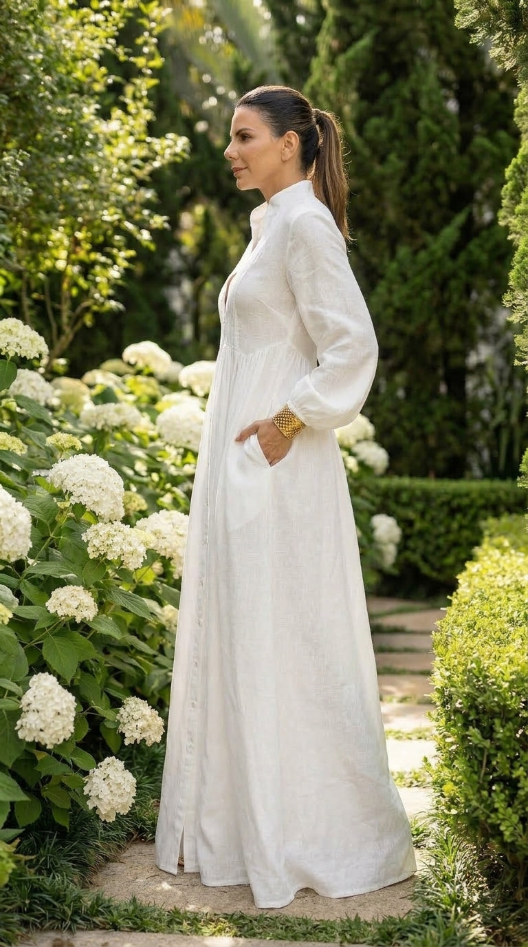 Blanca - Vestido maxi de algodón y lino con patchwork