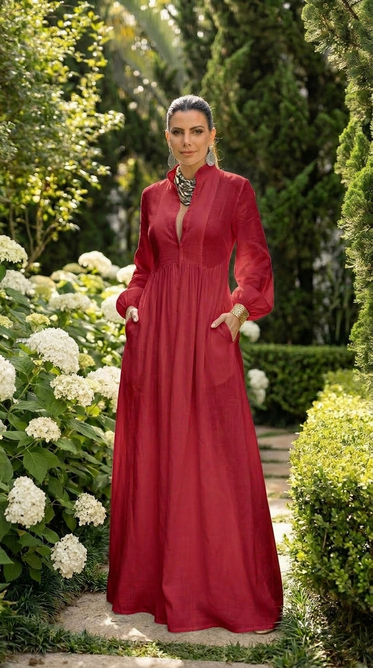 Blanca - Vestido maxi de algodón y lino con patchwork
