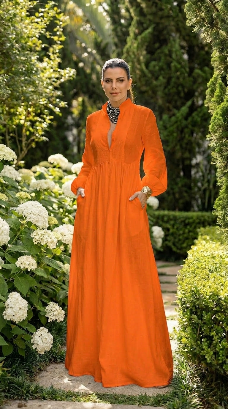 Blanca - Vestido maxi de algodón y lino con patchwork