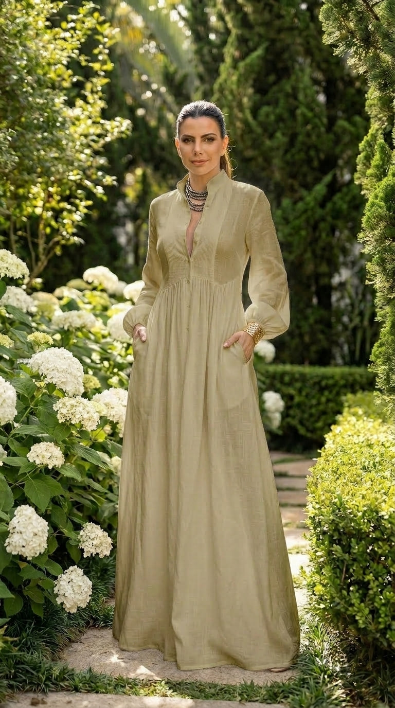 Blanca - Vestido maxi de algodón y lino con patchwork